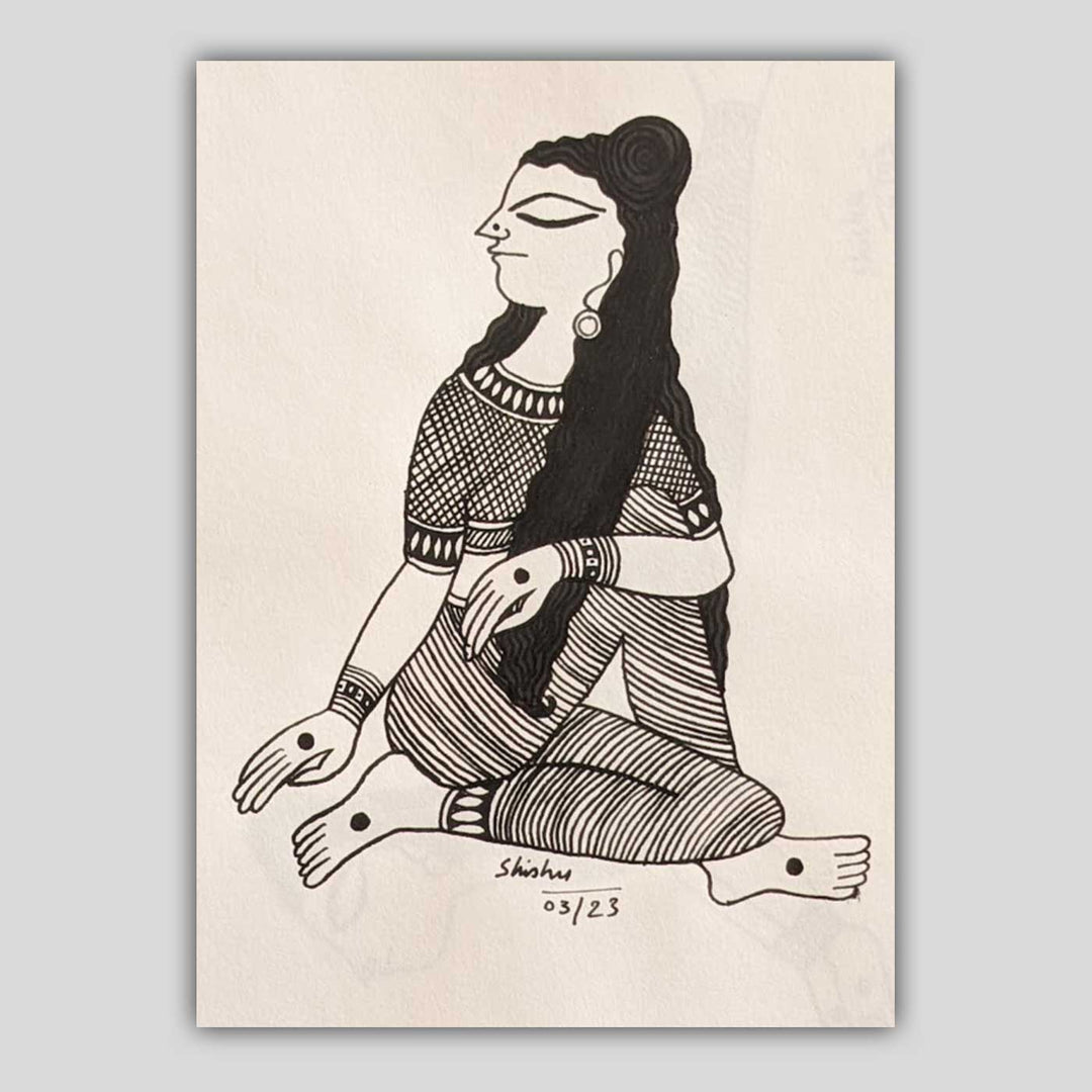 6 x 9 Inch | Ardha MatsyendrasanYoga Pose | Minimalist Black & White Mudhubani Style Line Drawing With Frame