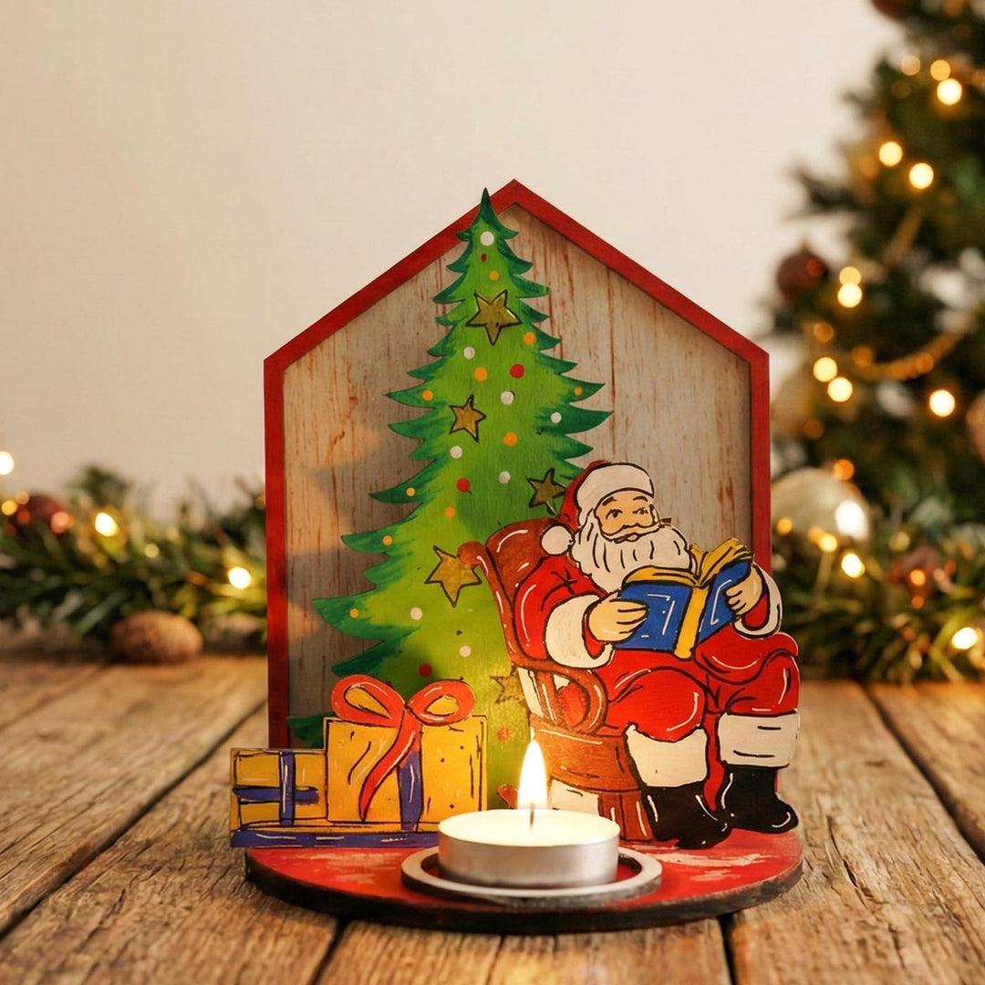 Hand-Painted Santa House Wooden Tealight Holder For Christmas Decoration