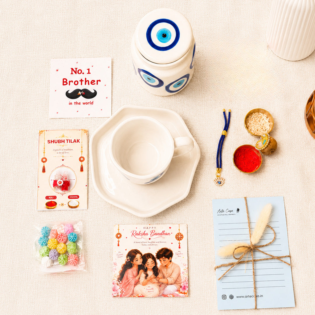 Evil Eye "Blue Protection" Ceramic Rakhi Set Hamper With Mug, Jar & Basket For Bhaiya Bhabhi