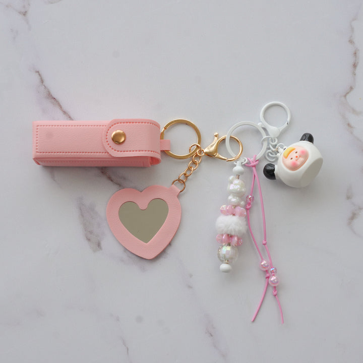 Pink Faux Leather Lipstick Holder Bag Charm With Keyring