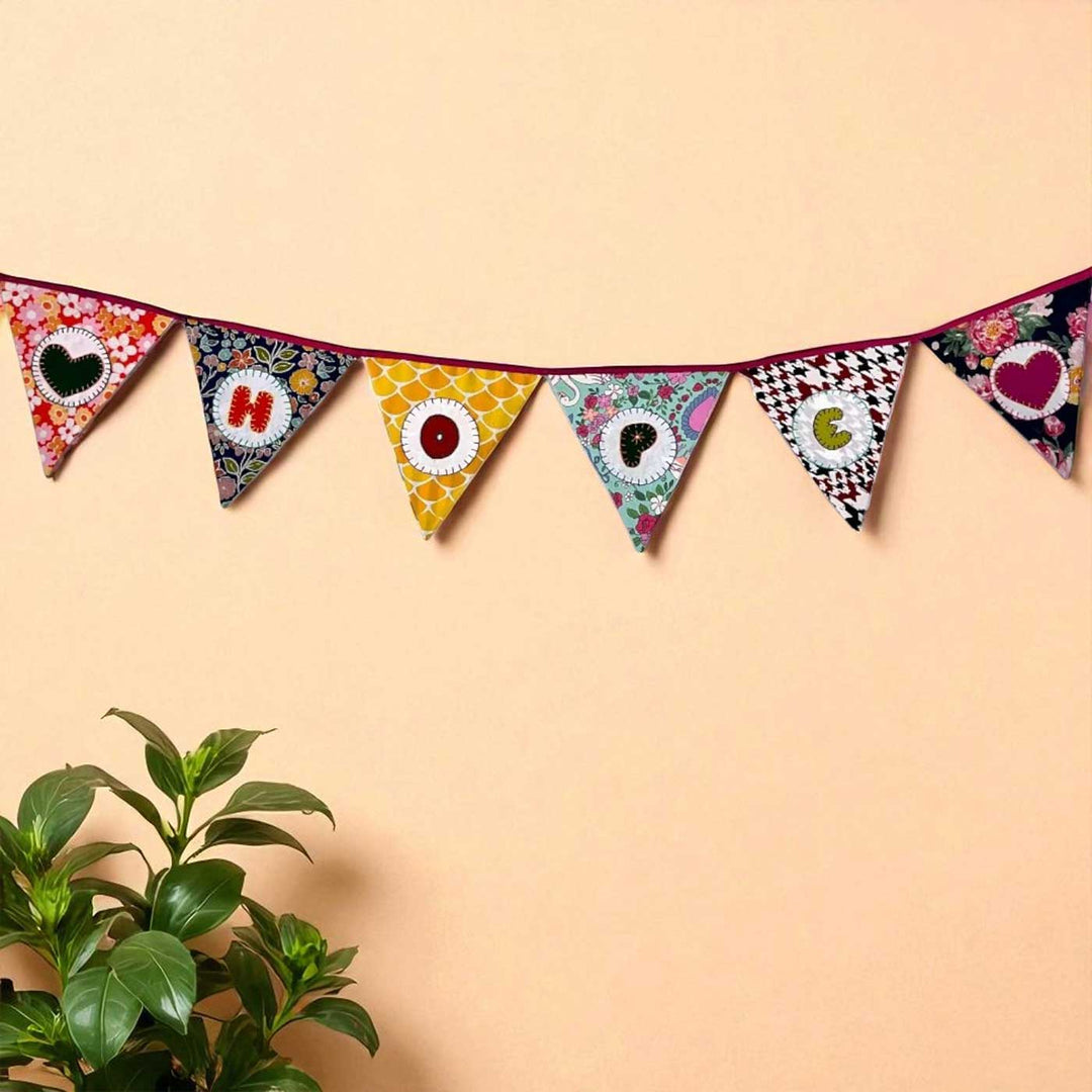 Handmade Multicolored "Hope" & Heart Upcycled Fabric Bunting