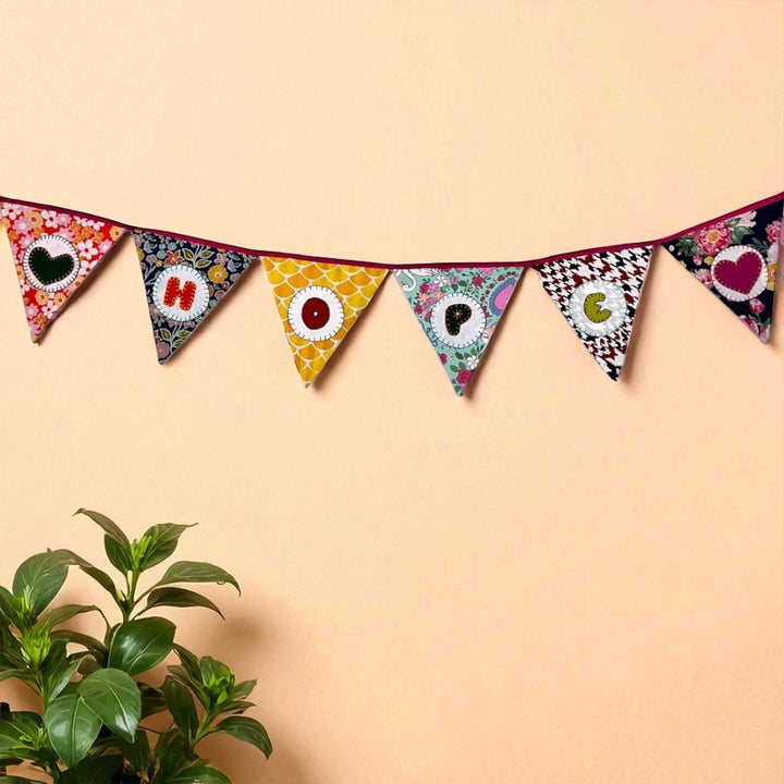 Handmade Multicolored "Hope" & Heart Upcycled Fabric Bunting
