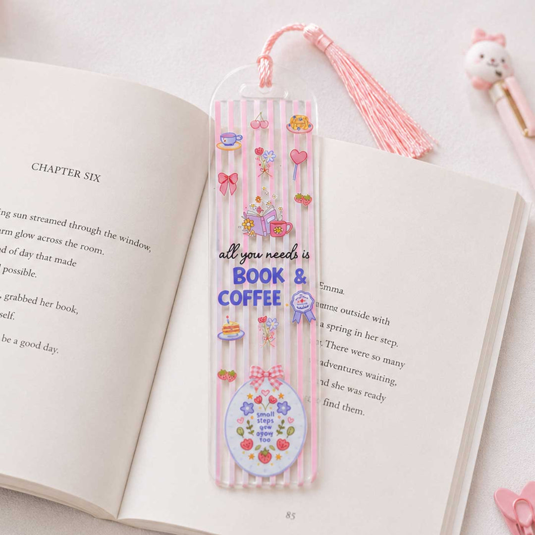 "Book & Coffee" Theme Handmade Acrylic Bookmark With Tassel For Book Lovers
