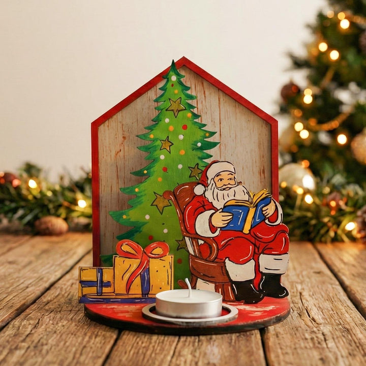 Hand-Painted Santa House Wooden Tealight Holder For Christmas Decoration