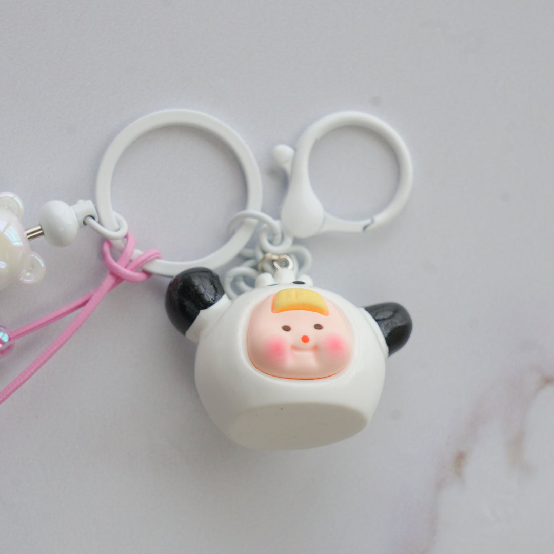 Panda Character Bead & Fluffy Pom Pom Bag Charm With Keyring