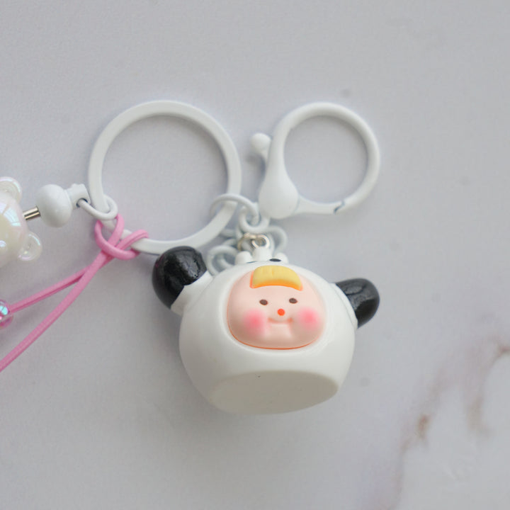 Panda Character Bead & Fluffy Pom Pom Bag Charm With Keyring