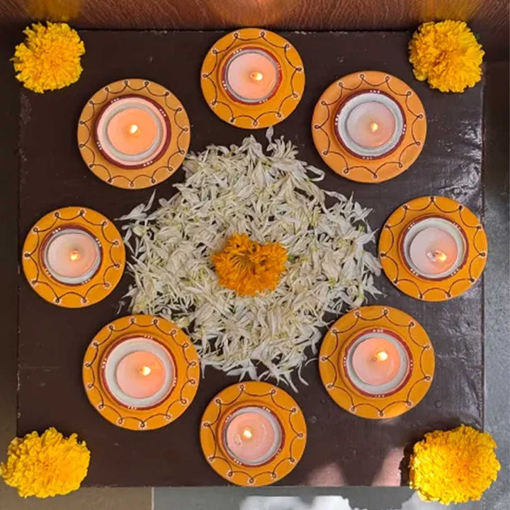 Set of 8 | Sunny Yellow Hand-Painted Terracotta Disc Diya Tealight Holders For Festive Decor