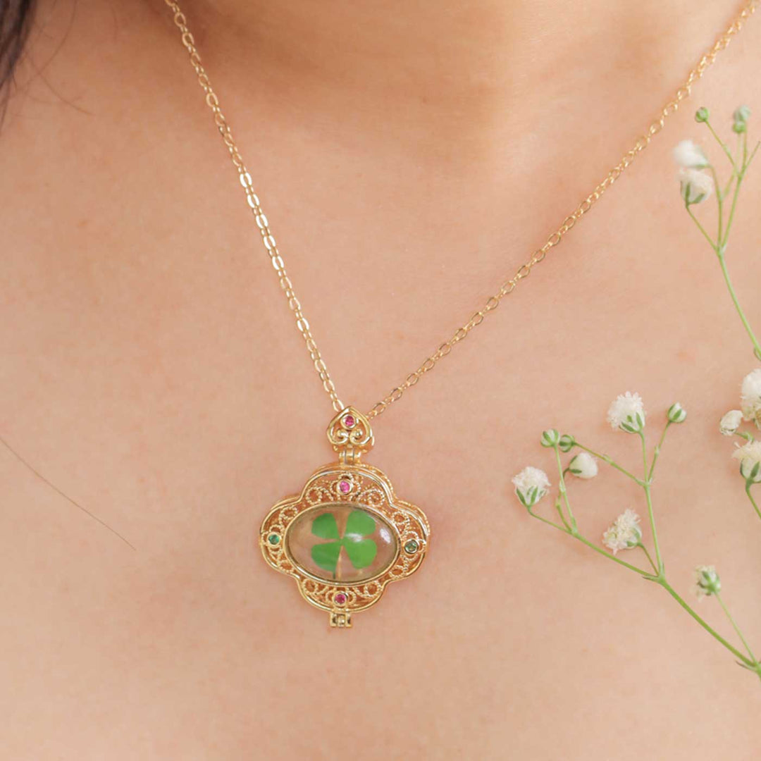 Handmade Preserved Four Clover Brass Necklace