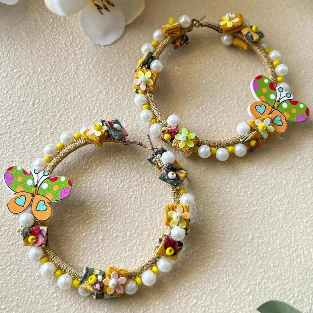 Hand Embroidered Beaded Butterfly & Floral Garden Theme Hoop Cotton Earrings