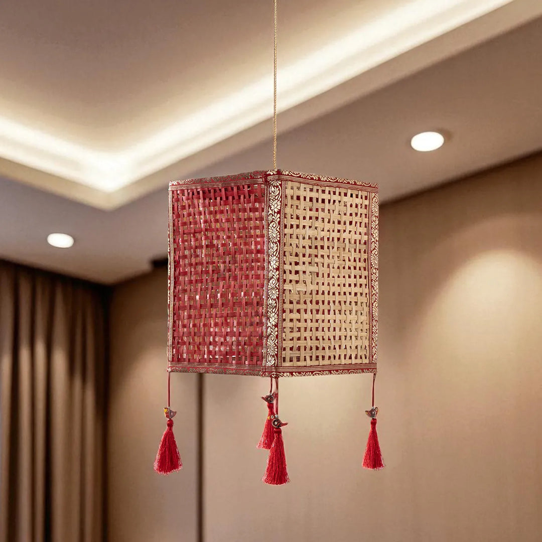 Red Zari Border Handmade Woven Bamboo Square Hanging Lampshade