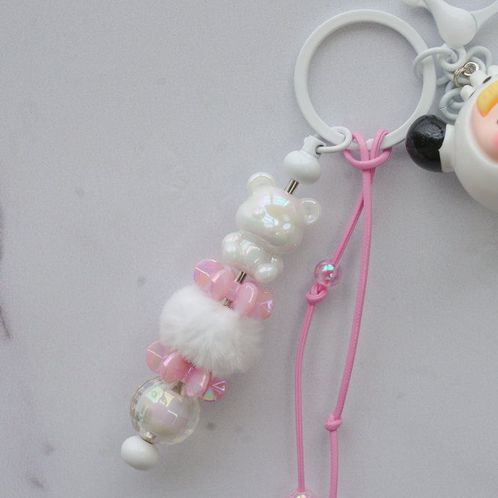 Panda Character Bead & Fluffy Pom Pom Bag Charm With Keyring