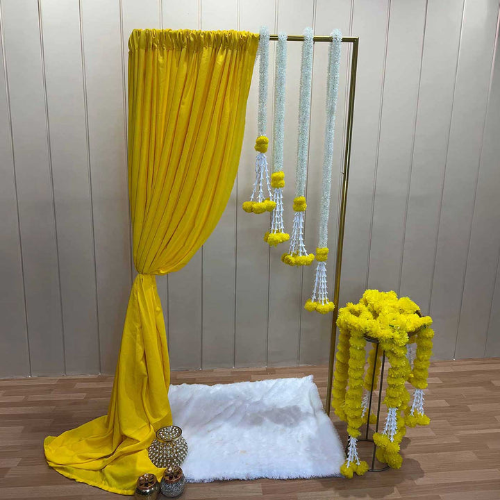 Traditional Yellow Compact Backdrop Decor Kit With Stand, Drape & Jasmine-Marigold Garlands