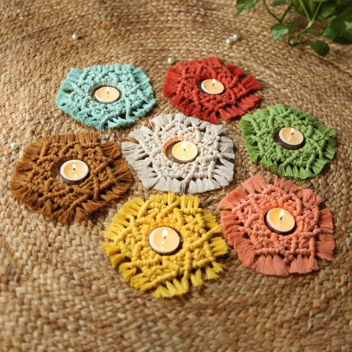 Handmade Macrame Rangoli Design Cotton Tealight Holder | Includes 7 Holders And 10 Tea Light Candles
