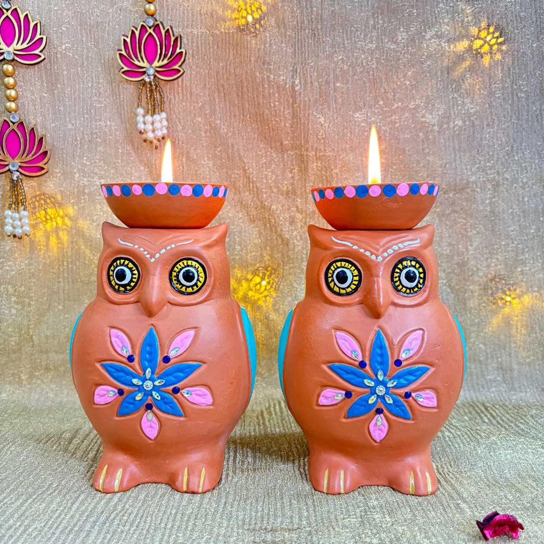 Hand-Painted Owl Design Terracotta Tealight Holder | Set Of 2