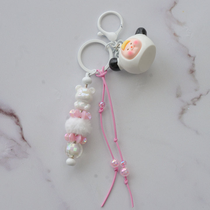 Panda Character Bead & Fluffy Pom Pom Bag Charm With Keyring