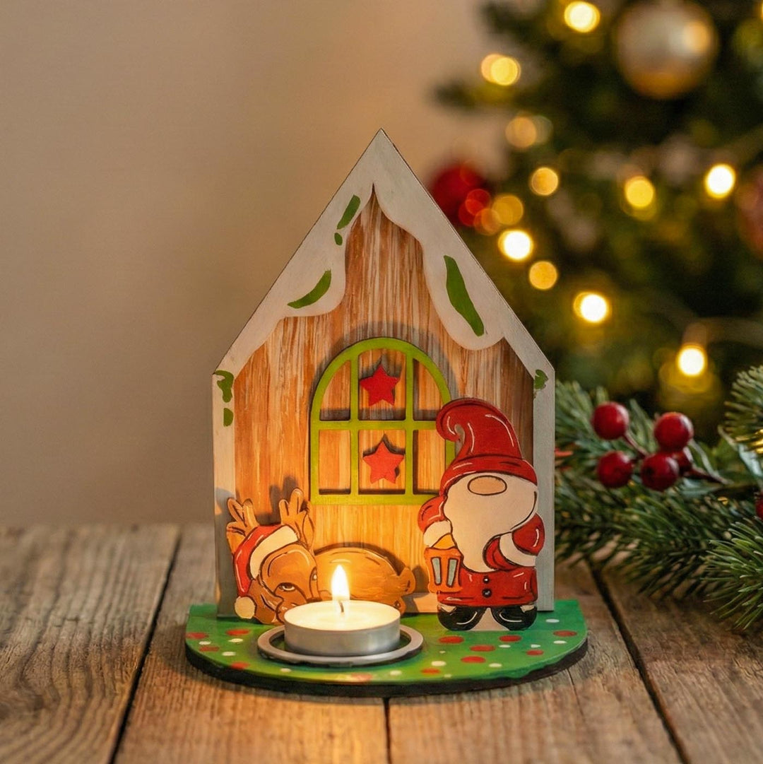 Hand-Painted Santa & Reindeer House Wooden Tealight Holder For Christmas Decoration