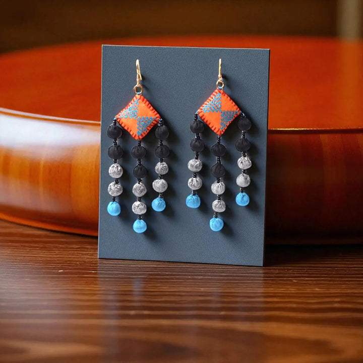 Handmade Textile Art Round Tassels Dupion Silk Fabric Earrings