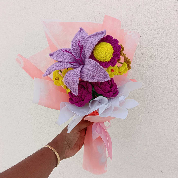 Handmade Crochet Lilac Lily Theme Flower Bouquet With Lights
