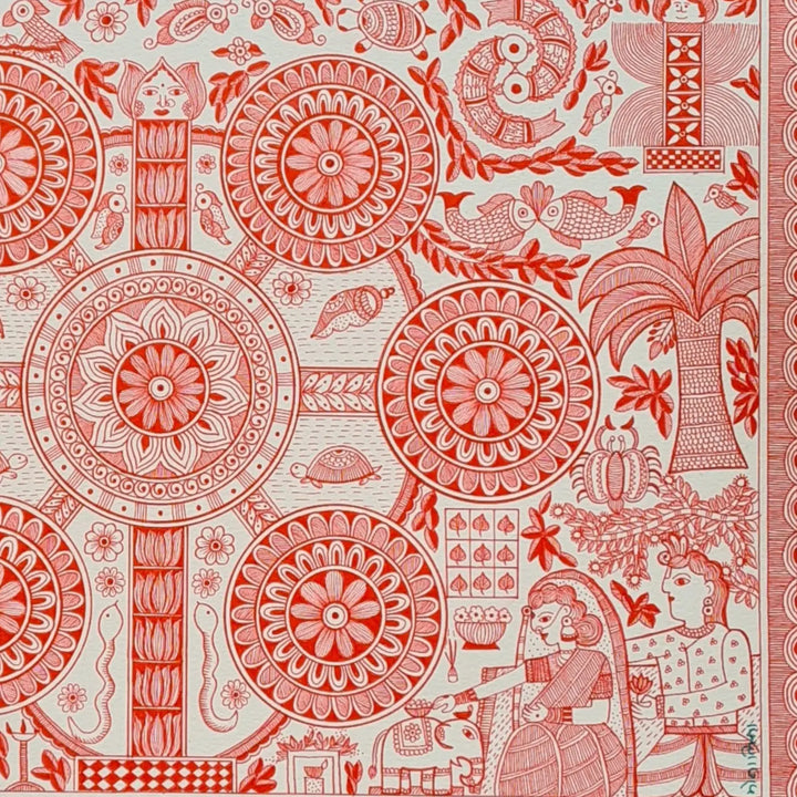 11 x 16 Inch | Harmony in Red | Original Hand Painted Madhubani Painting On Paper