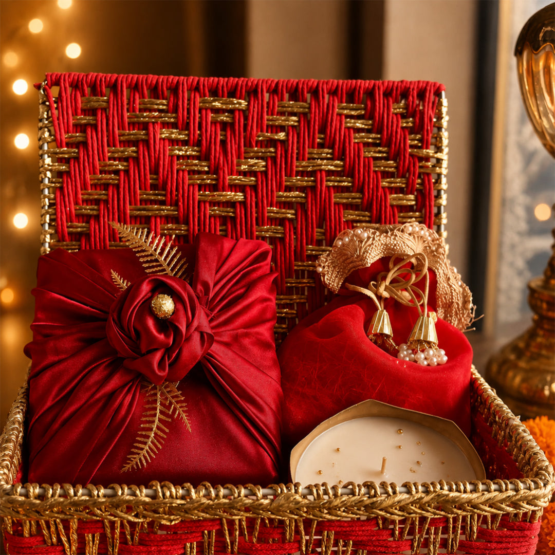 Ruby Utsav Red Basket Diwali Gift Hamper With Urli Soy Wax Candle And Almond Potli For Festive Gifting