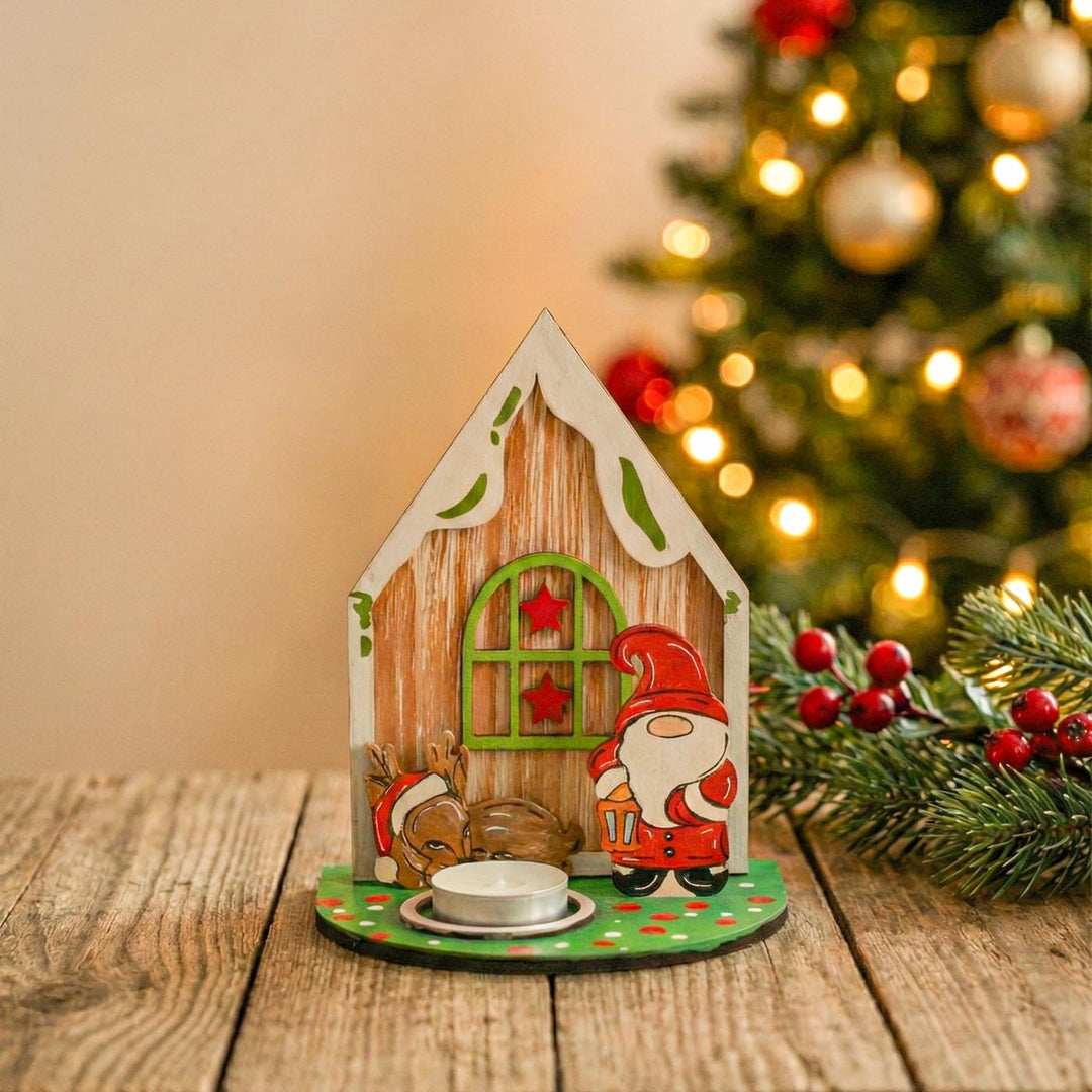 Hand-Painted Santa & Reindeer House Wooden Tealight Holder For Christmas Decoration