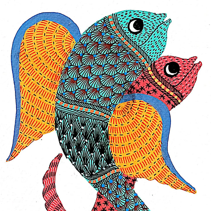 6 x 8 Inch | Dancing Fishes | Original Hand painted Tribal Gond Art Painting | Acrylic Paints On Paper