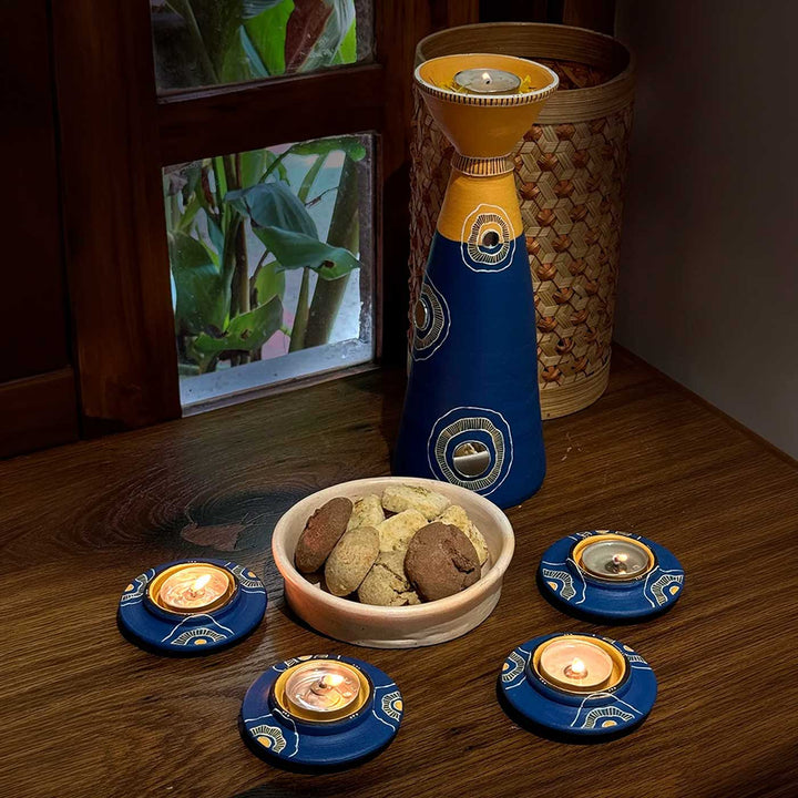 Set of 5 | "Blue Rhythm" Hand-Painted Terracotta Disc & Long Diya Tealight Holders For Festive Decor