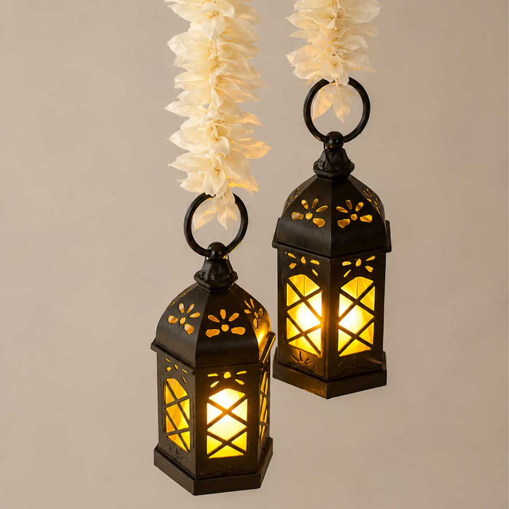Handcrafted White Artificial Flower With Black Lantern Tassels Door Hangings