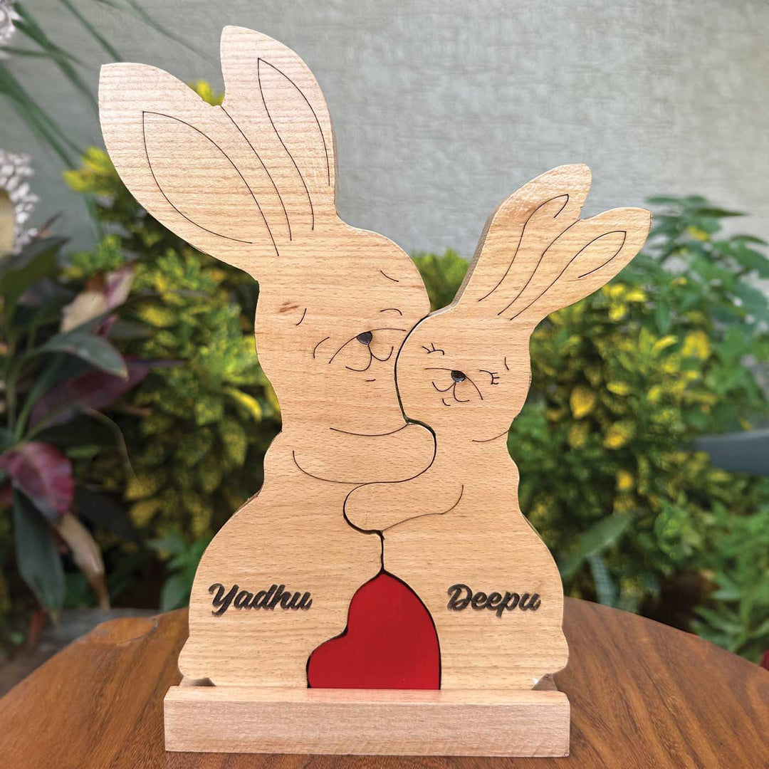 Personalized Rabbit Family Of 2 Wooden Figurine