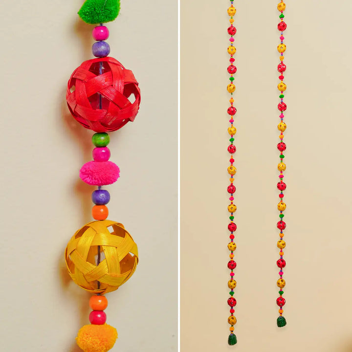 64 Inch | Extra Long Handmade Multicolor Round Pom Pom & Bamboo Hanging