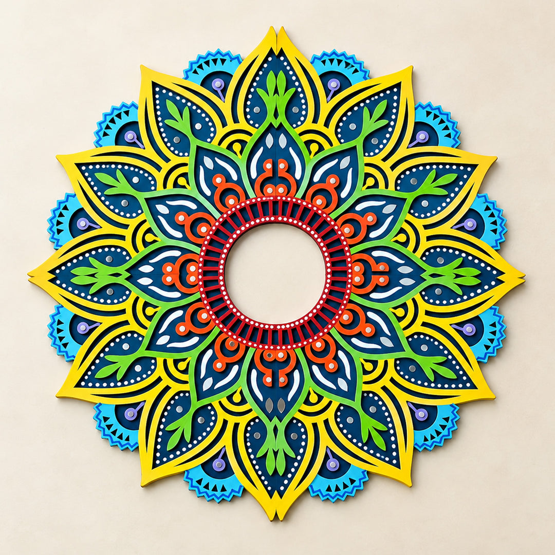 4 Pc | Hand-Painted Blue & Yellow Floral Lippan Art Mdf Split Rangoli For Festive Decor