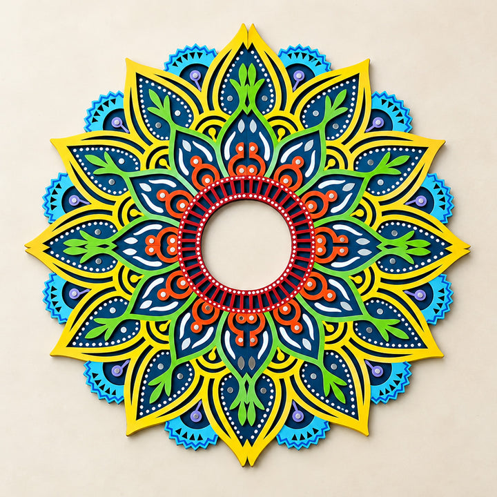 4 Pc | Hand-Painted Blue & Yellow Floral Lippan Art Mdf Split Rangoli For Festive Decor