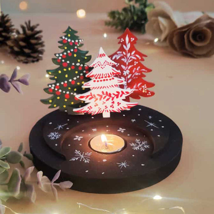 Handpainted Festive Forest MDF Tealight Holder
