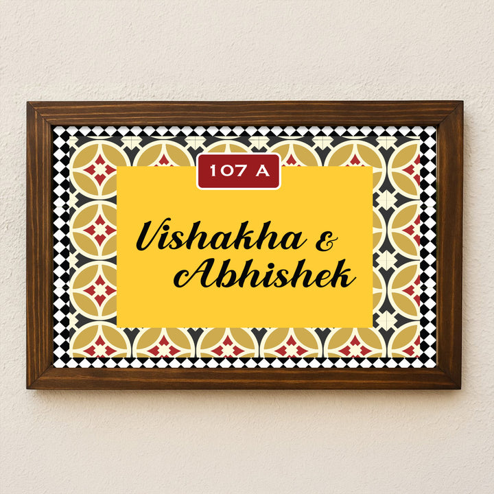 Personalized Tile Pattern Printed Wooden & Acrylic Name Plate with 3D Letters