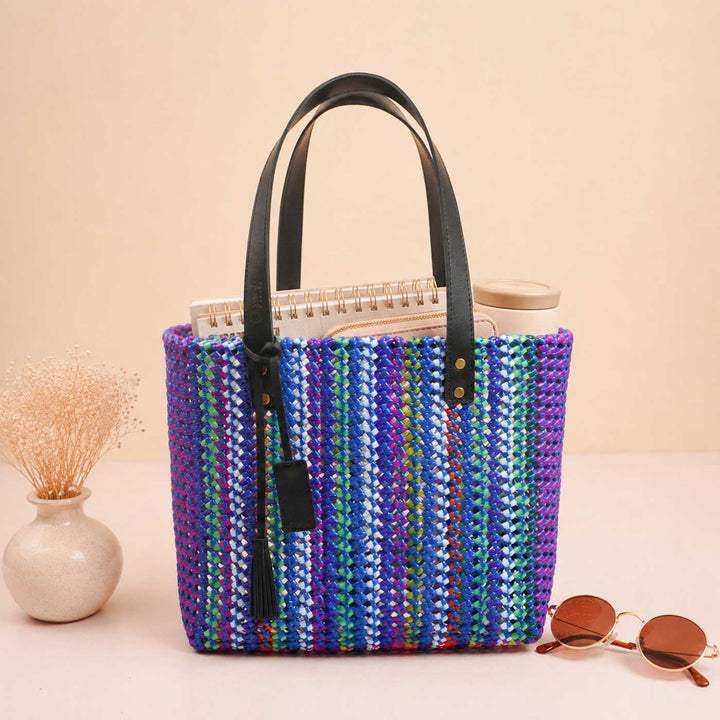 Handmade Vibrant Blue Vertical Striped Wire Koodai Tote Bag