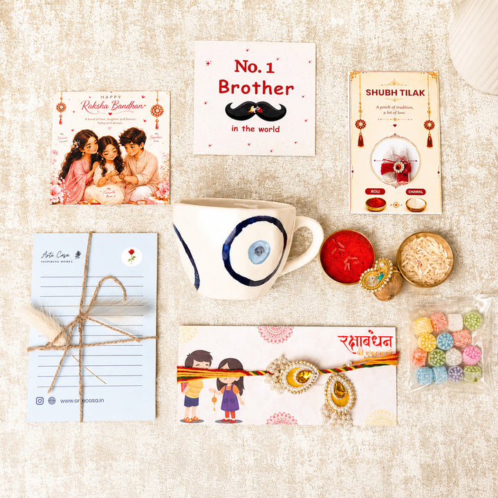 "Evil Eye Blessings" Ceramic Mug Rakhi Hamper With Rakhi Set & Roli Chawal For Bhaiya Bhabhi