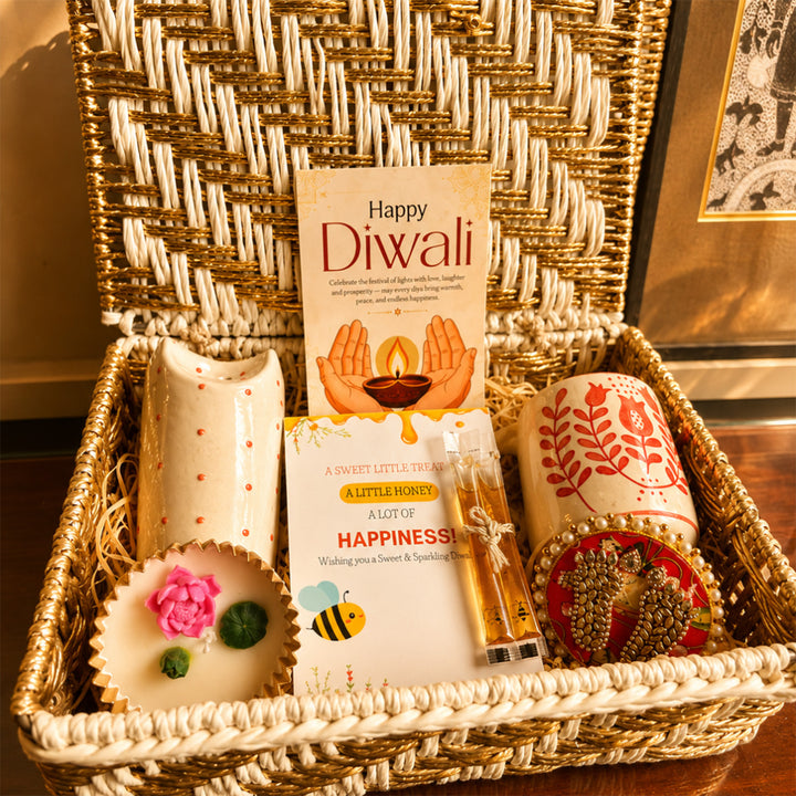 Ruby Sip Red Diwali Gift Hamper With Tumbler, Mug And Small Urli Soy Wax Candle For Festive Gifting
