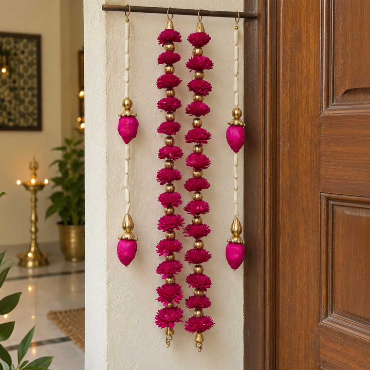 4 Pc | Handmade Mohani Magenta & Pink Sola Wood Flower Door Hangings with Lotus Bud Drops