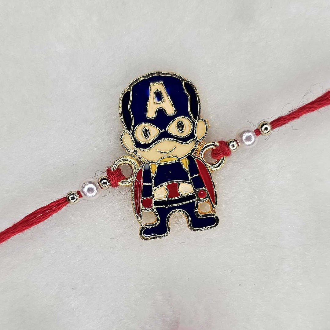 Handmade Captian America Metal Kids Rakhi With Roli Chawal - Close-up Front View
