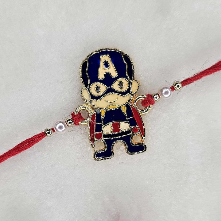 Handmade Captian America Metal Kids Rakhi With Roli Chawal - Close-up Front View