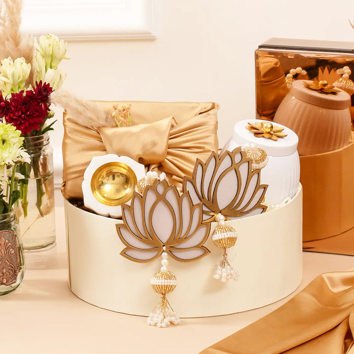 Lotus Limelights Diwali Gift Hamper | Includes 2 Lotus Hangings, 1 Marble Diya, 1 Moong Barfi Box, 1 Dry Fruits Jar, 1 Gift Box
