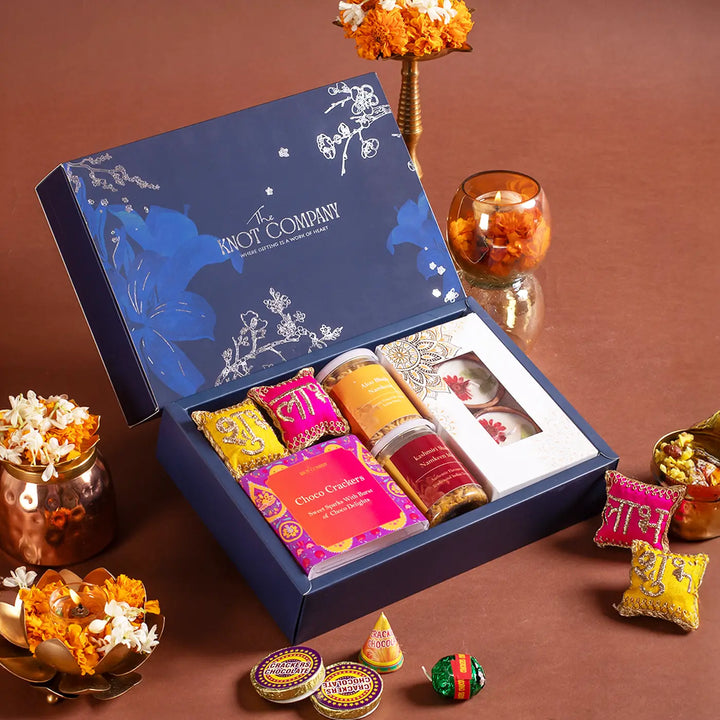Shubh Blessings of Diwali Gift Hamper | Includes 2 Wax Diyas, 2 Shubh Labh Key Chains, 1 Kashmiri Shahi Mix, 1 Aloo Bhujia, 5 Choco Crackers, 1 Gift Box