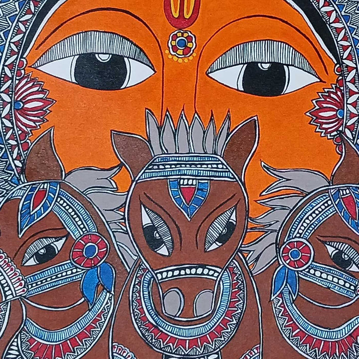 36 x 30 Inch | Seven Horse & Sun | Original Hand Painted Madhubani Painting | Acrylic Paints On Canvas