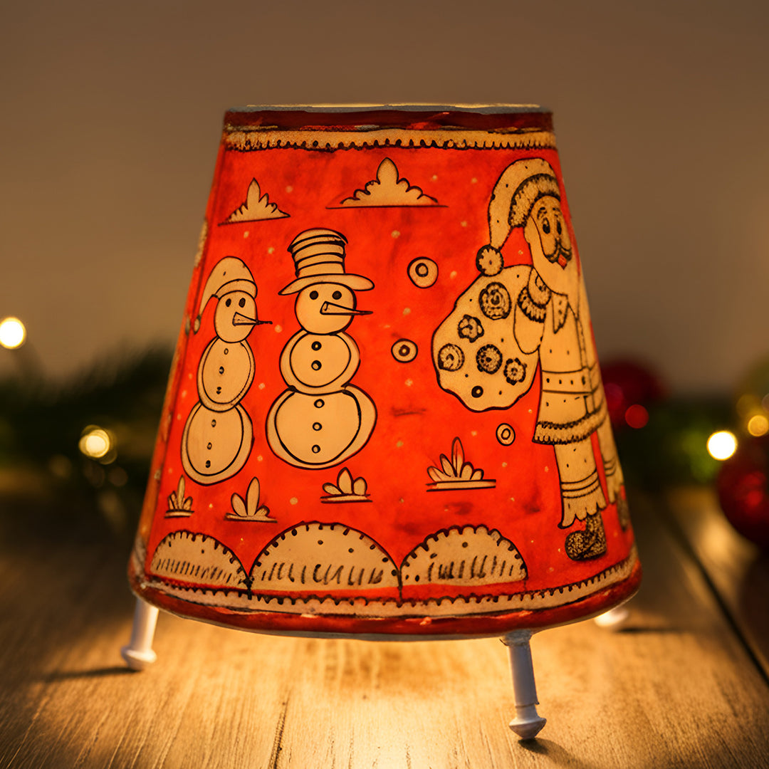 Orange Christmas Motifs Hand Painted Tholu Bommalata Tabletop Lamp | 6 inches