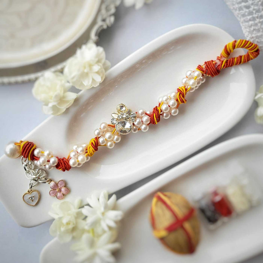 Handmade Beaded Swaroski Stone Rakhi Hamper With Roli Chawal For Sisters - Front View