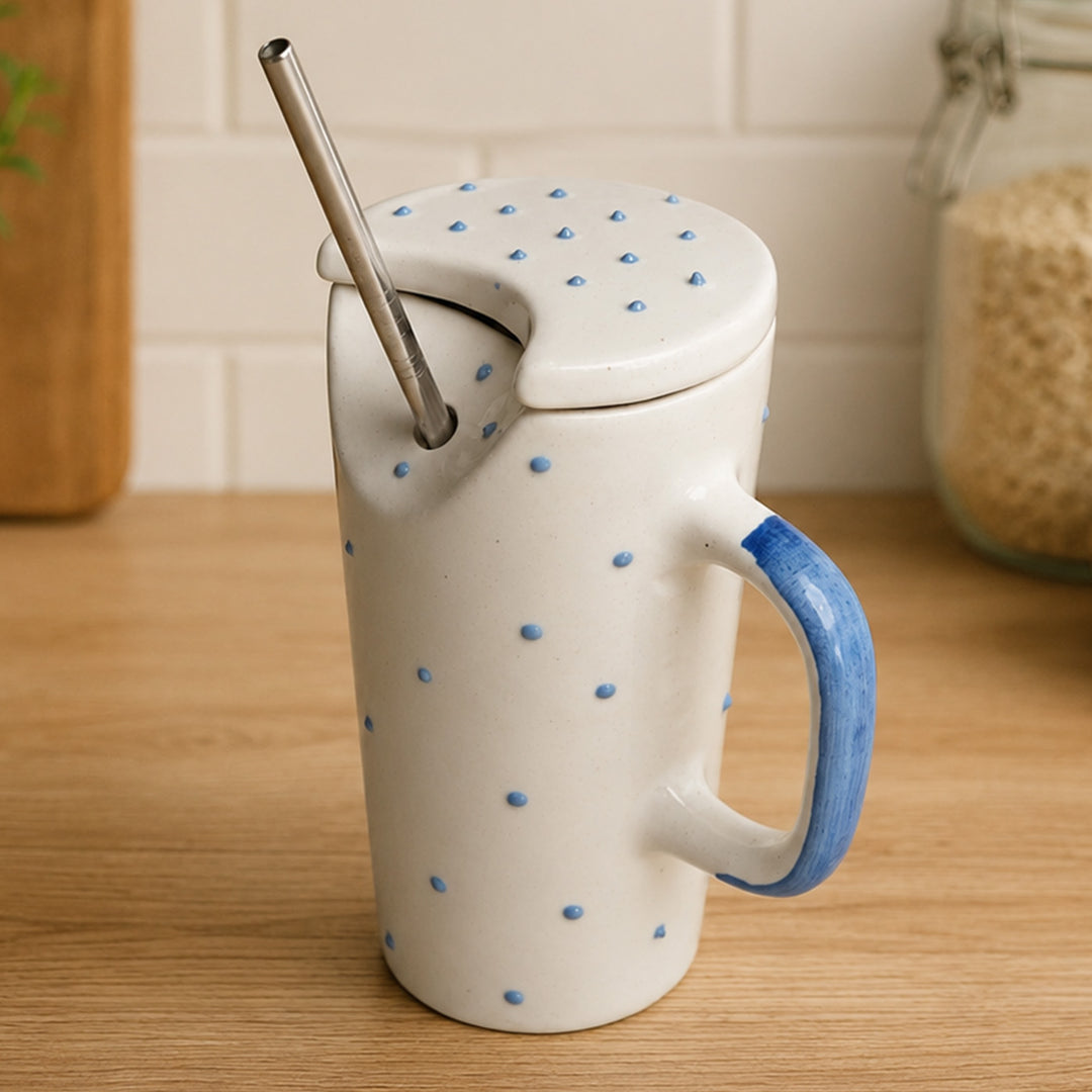 Blue Ceramic Sipper Rakhi Hamper With Steel Straw & Roli Chawal For Brother