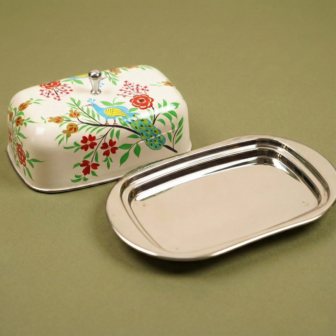 Hand-Painted Off White Peacock Kashmiri Art Stainless Steel Butter Dish