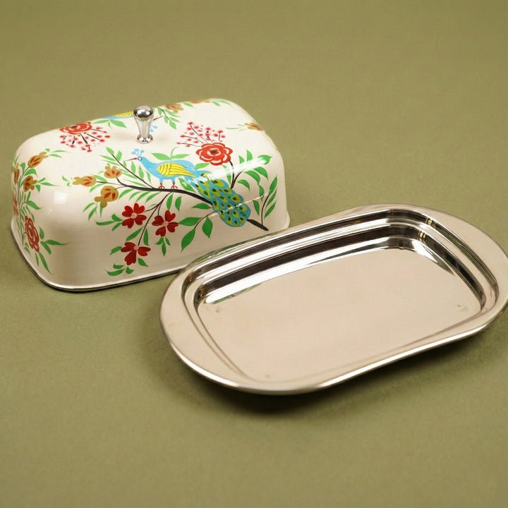 Hand-Painted Off White Peacock Kashmiri Art Stainless Steel Butter Dish