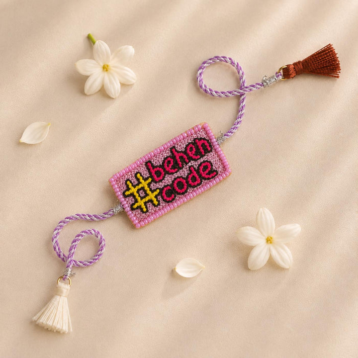 Handmade Beaded Behen Code Theme Rakhi With Roli Chawal For Sister