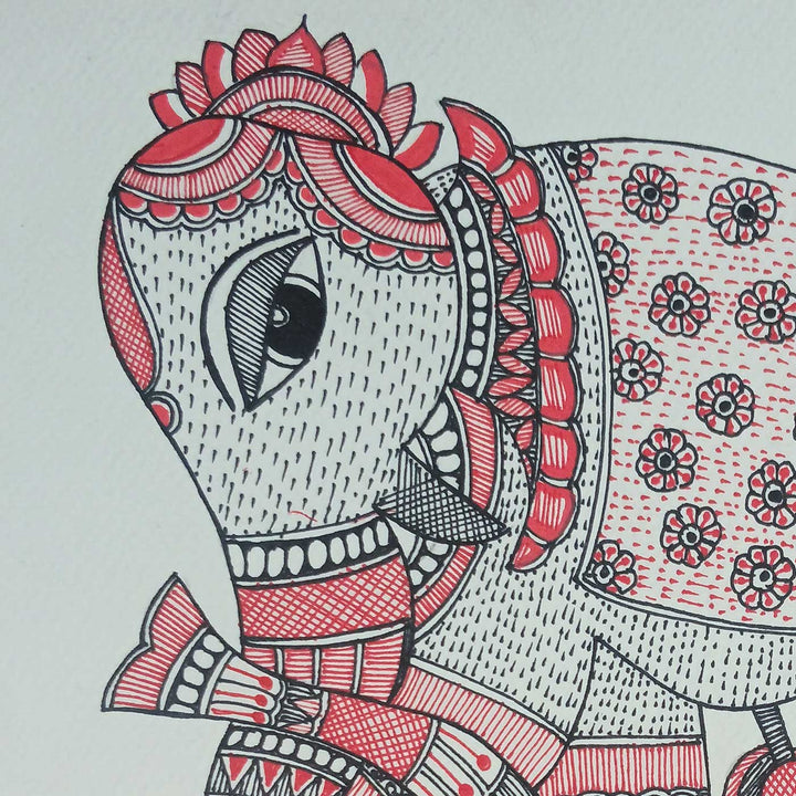 11 x 8 Inch | Red Elephant | Original Hand Painted Madhubani Painting | Acrylic Paints On Paper